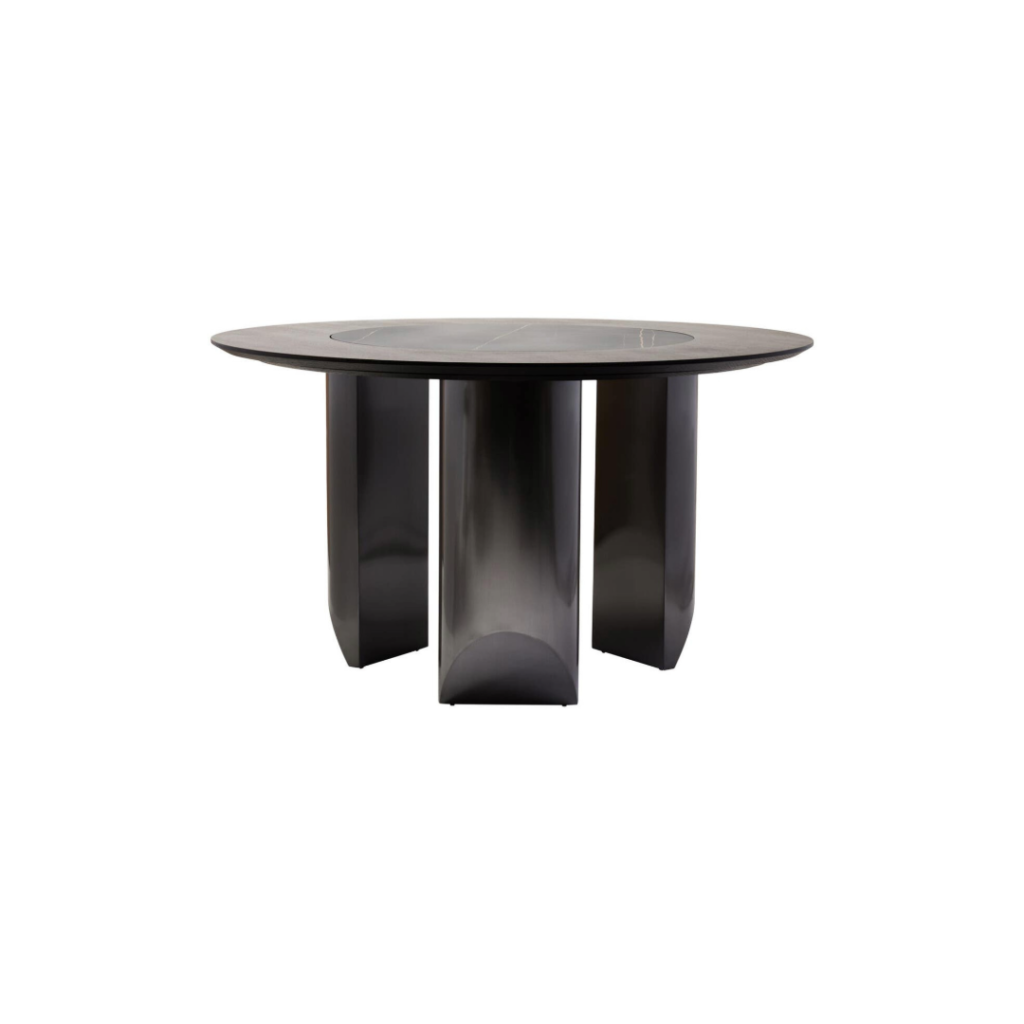 HUGO Round Veneer and Ceramic Dining Table with black marble-effect lazy susan and grey brushed stainless steel base displayed in a modern dining room.