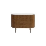 MARIETA White Marble Chest of Drawers featuring natural oak wood frame, gold-tone handles and legs, and an oval white marble top.