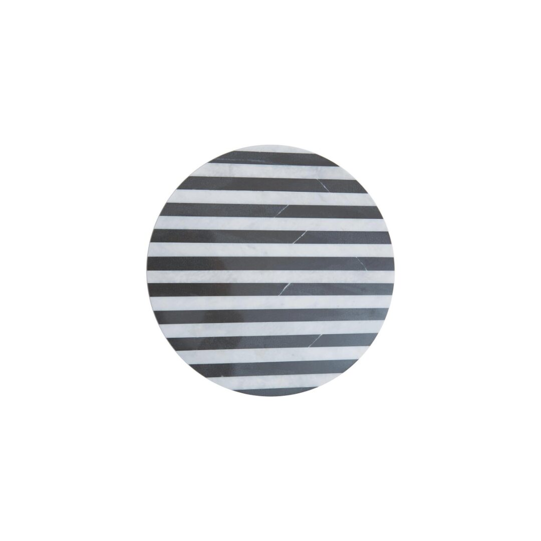 SOMA Small Black and White Marble Round Cheese Board featuring striped black and white marble design displayed with cheese and charcuterie.