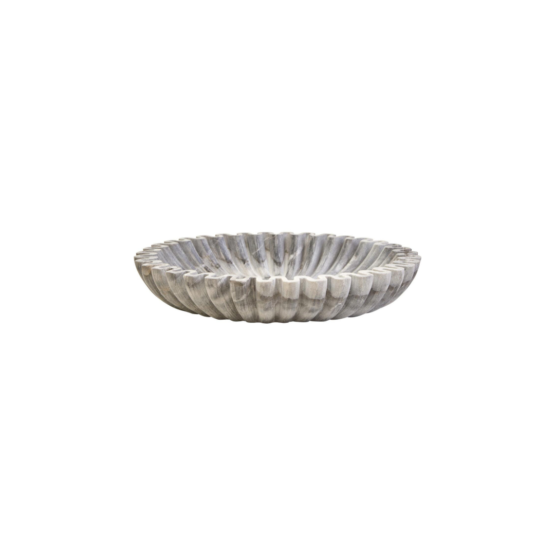 ERICA Large Grey Fluted Marble Bowl crafted from natural marble with polished finish and sculpted fluted edges.