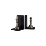 KENSINGTON King and Queen Chess Bookends with silver chess pieces on black bases displayed on a sophisticated bookshelf.