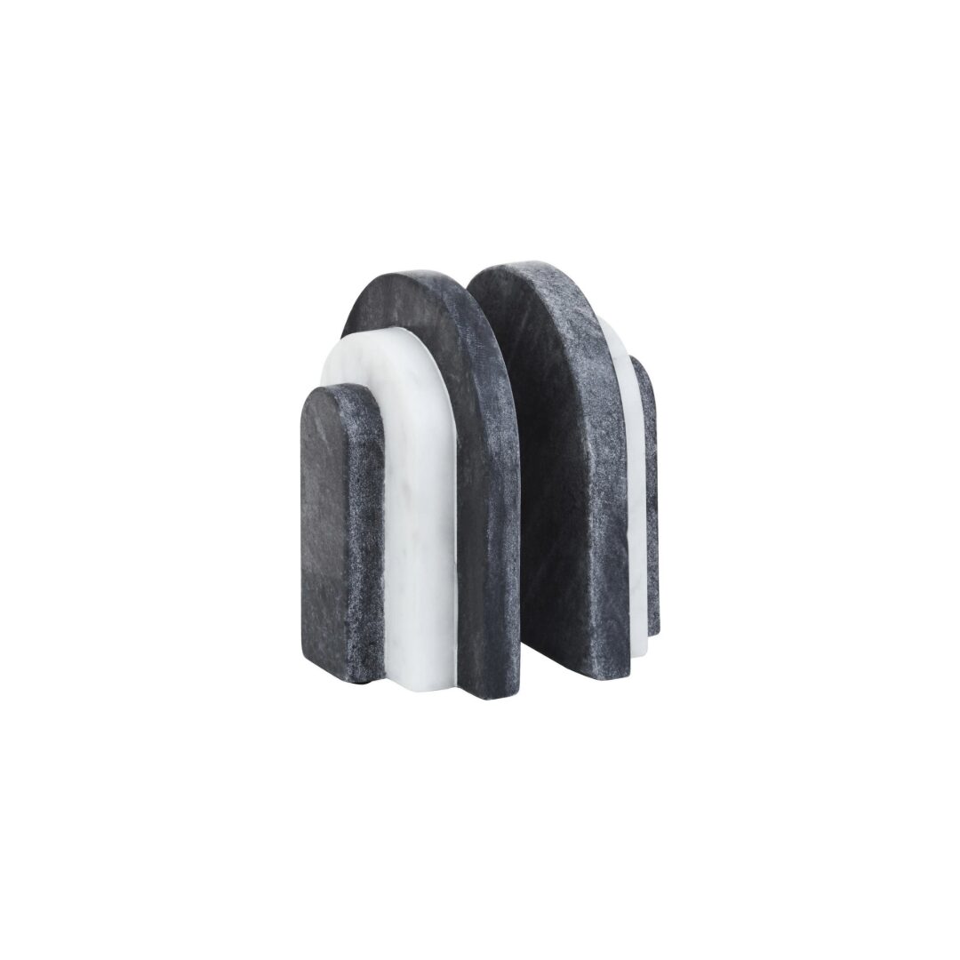 BELOR Black and White Marble Bookends with layered sculptural design displayed on a modern bookshelf.