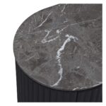 NOEL Ash & Marble Bedside Table with dark ash wood base and elegant grey marble top beside a modern bed.