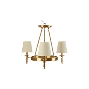 ZINA Ceiling Light with warm metallic frame and three white linen shades casting a soft ambient glow in a modern dining room.