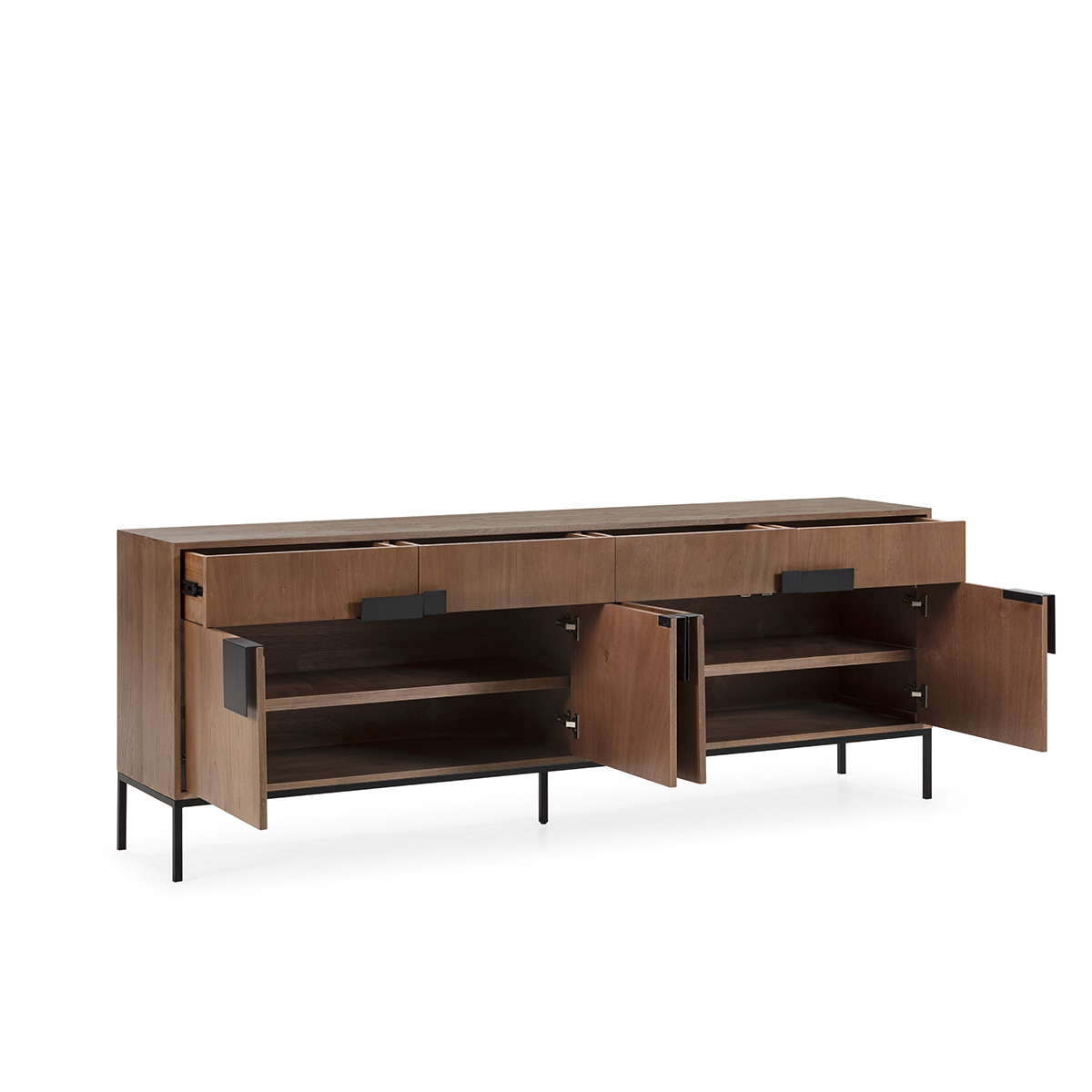 BEZO Walnut Sideboard – modern walnut elm wood cabinet with black iron frame and handles, luxury contemporary storage furniture.