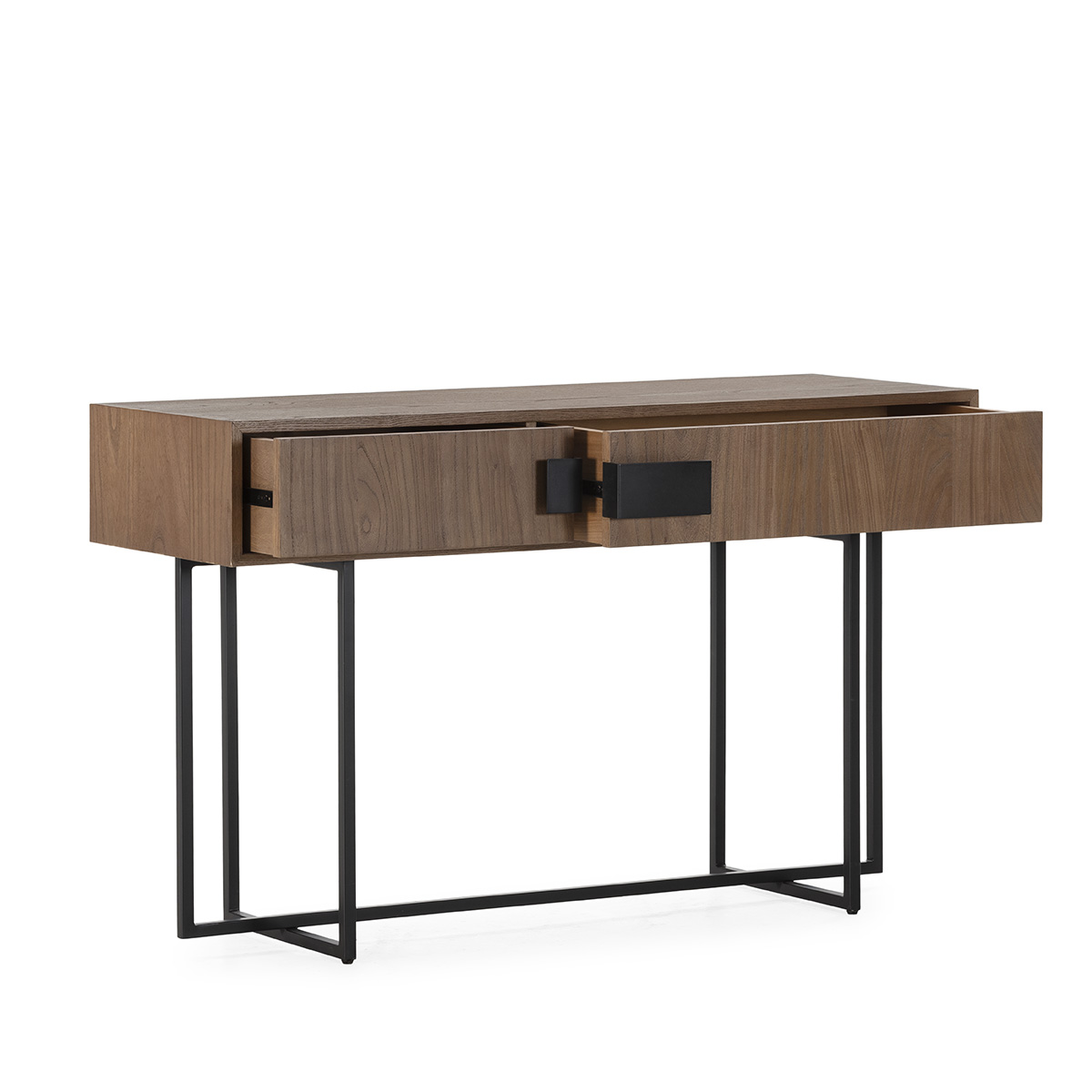 BEZO Walnut Console Unit – walnut elm wood console with black iron frame, modern design for luxury contemporary interiors.