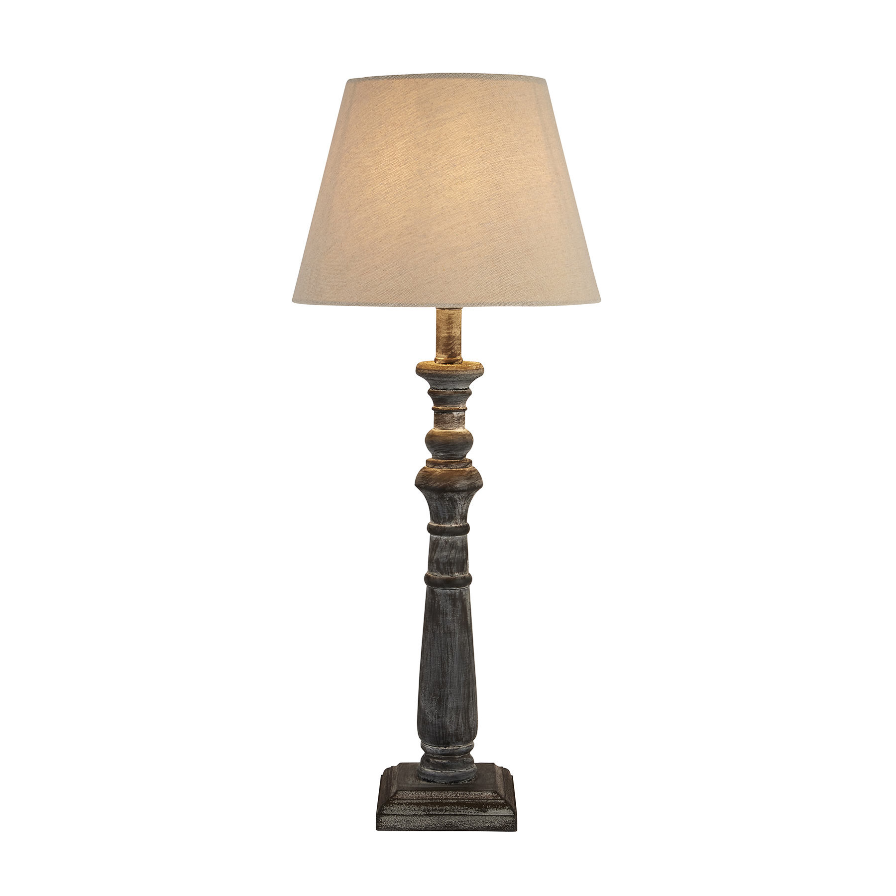INCIA Column Table Lamp – Handcrafted grey-washed wooden lamp with column base and neutral linen shade, ideal for rustic or cottagecore interiors.