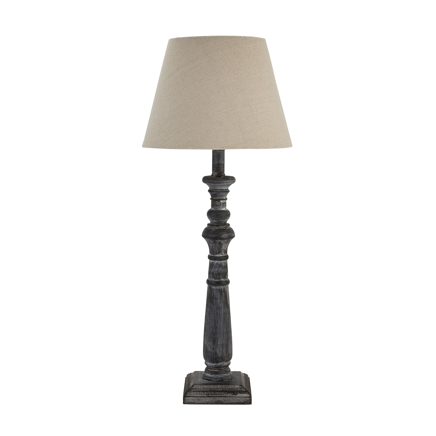 INCIA Column Table Lamp – Handcrafted grey-washed wooden lamp with column base and neutral linen shade, ideal for rustic or cottagecore interiors.