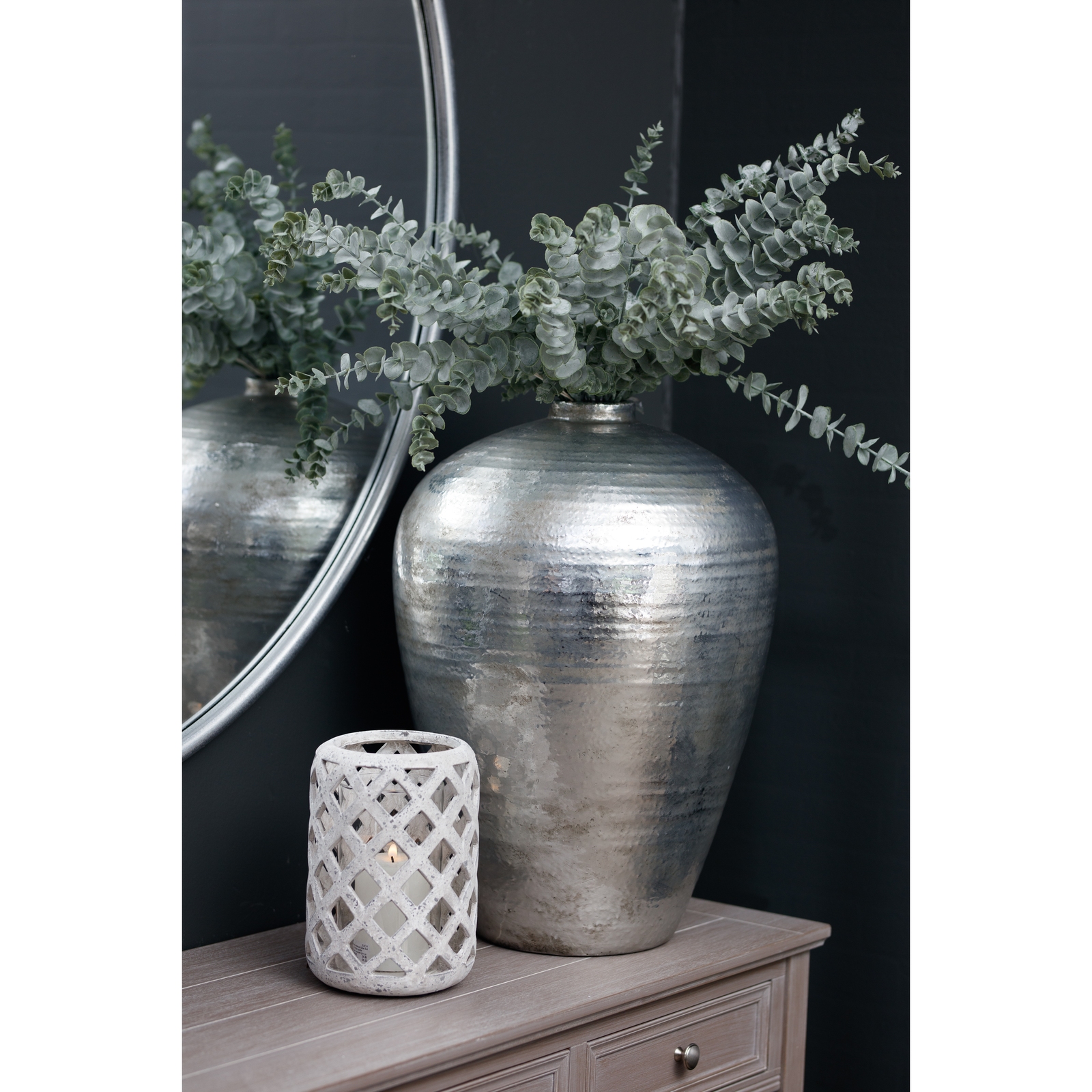 ASTRAL Hammered Silver Vase – Handcrafted Floor-Standing Silver Ceramic Vase with Hammered Metallic Finish