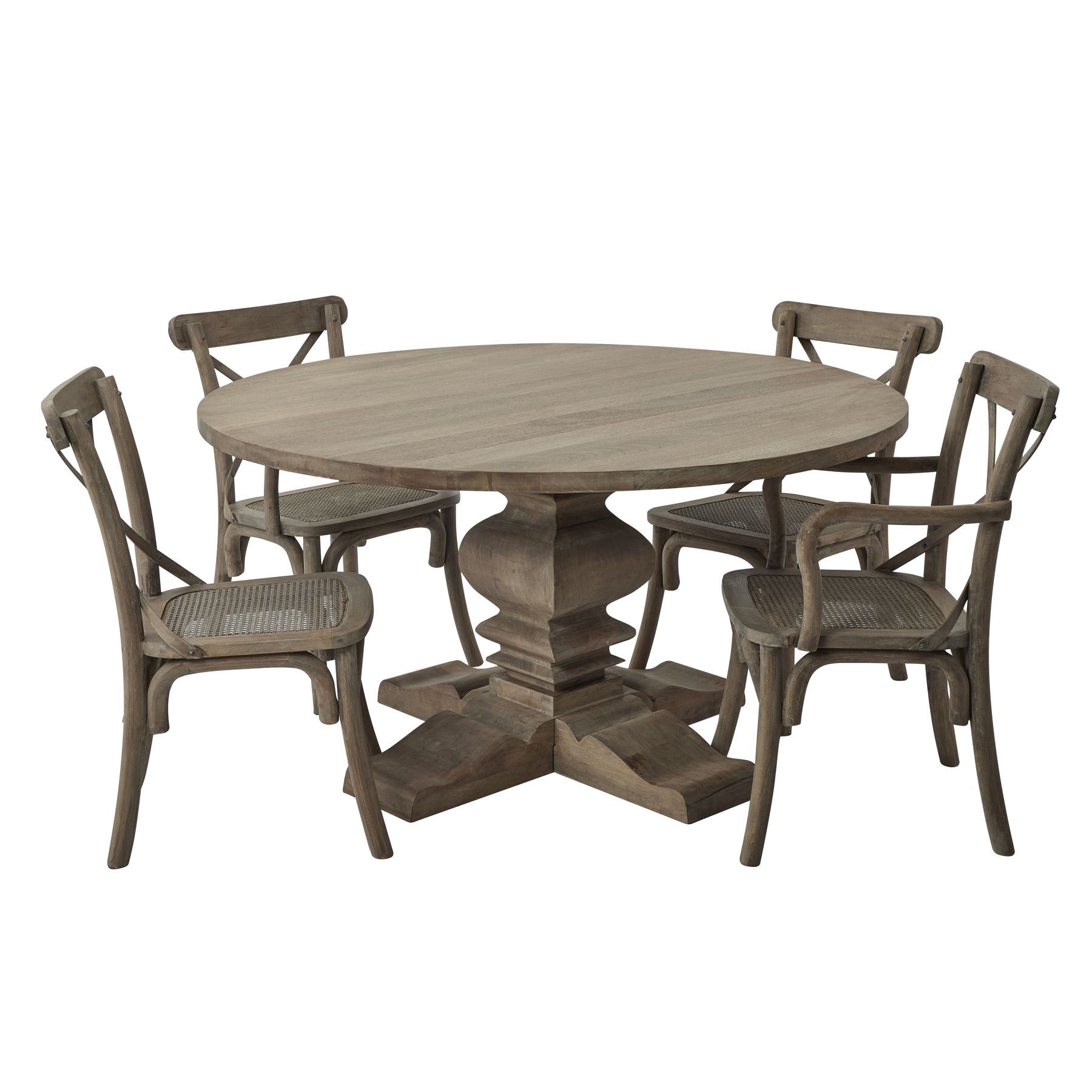 COPGROVE Collection Round Pedestal Dining Table – Handcrafted Hardwood Table with Washed Brown Finish and French-Inspired Design