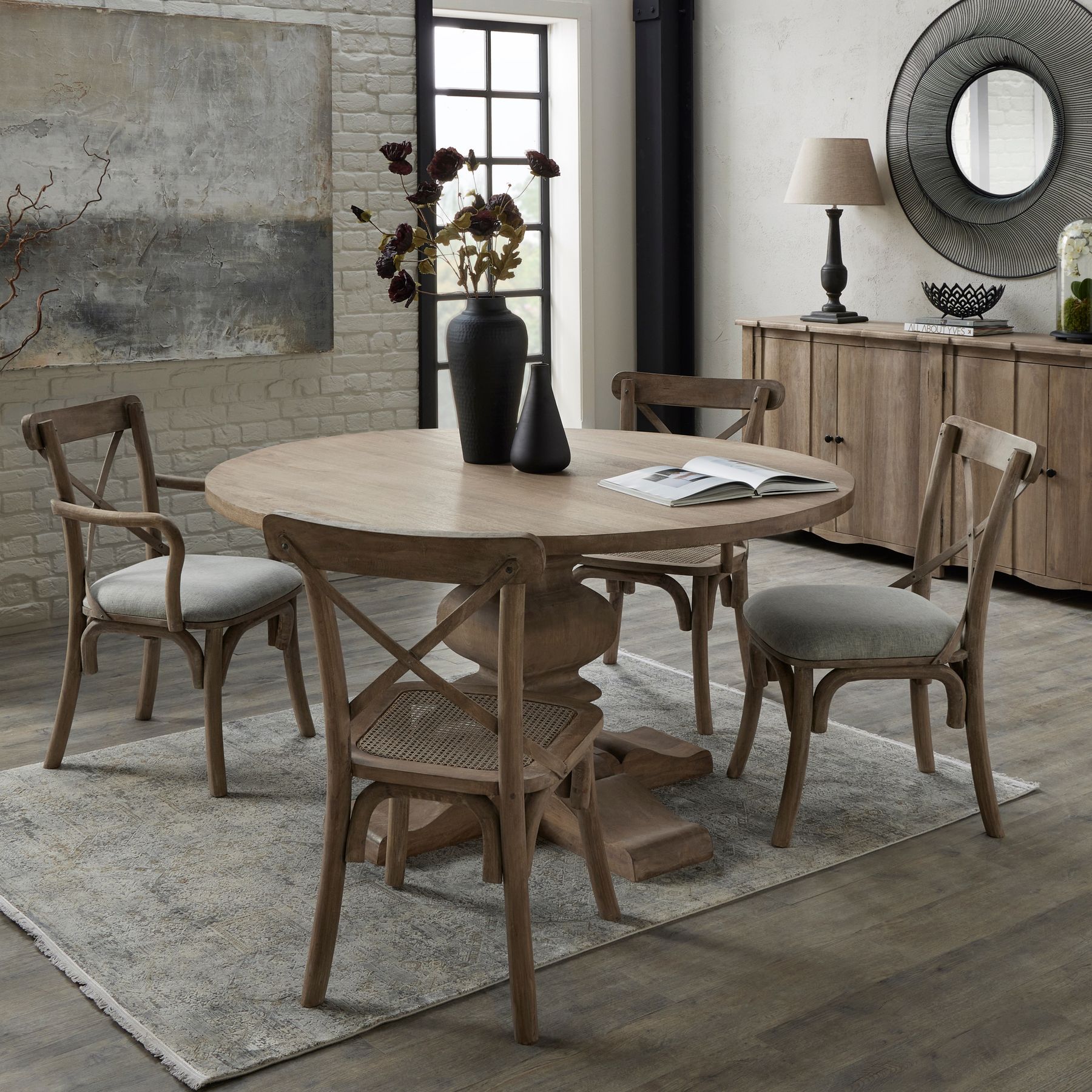COPGROVE Collection Round Pedestal Dining Table – Handcrafted Hardwood Table with Washed Brown Finish and French-Inspired Design