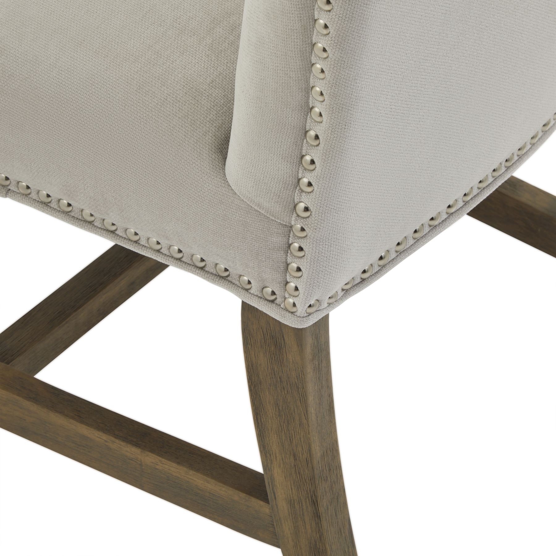 Cobham Grey Dining Chair with weathered oak frame, grey upholstery, and antique brass stud detailing.