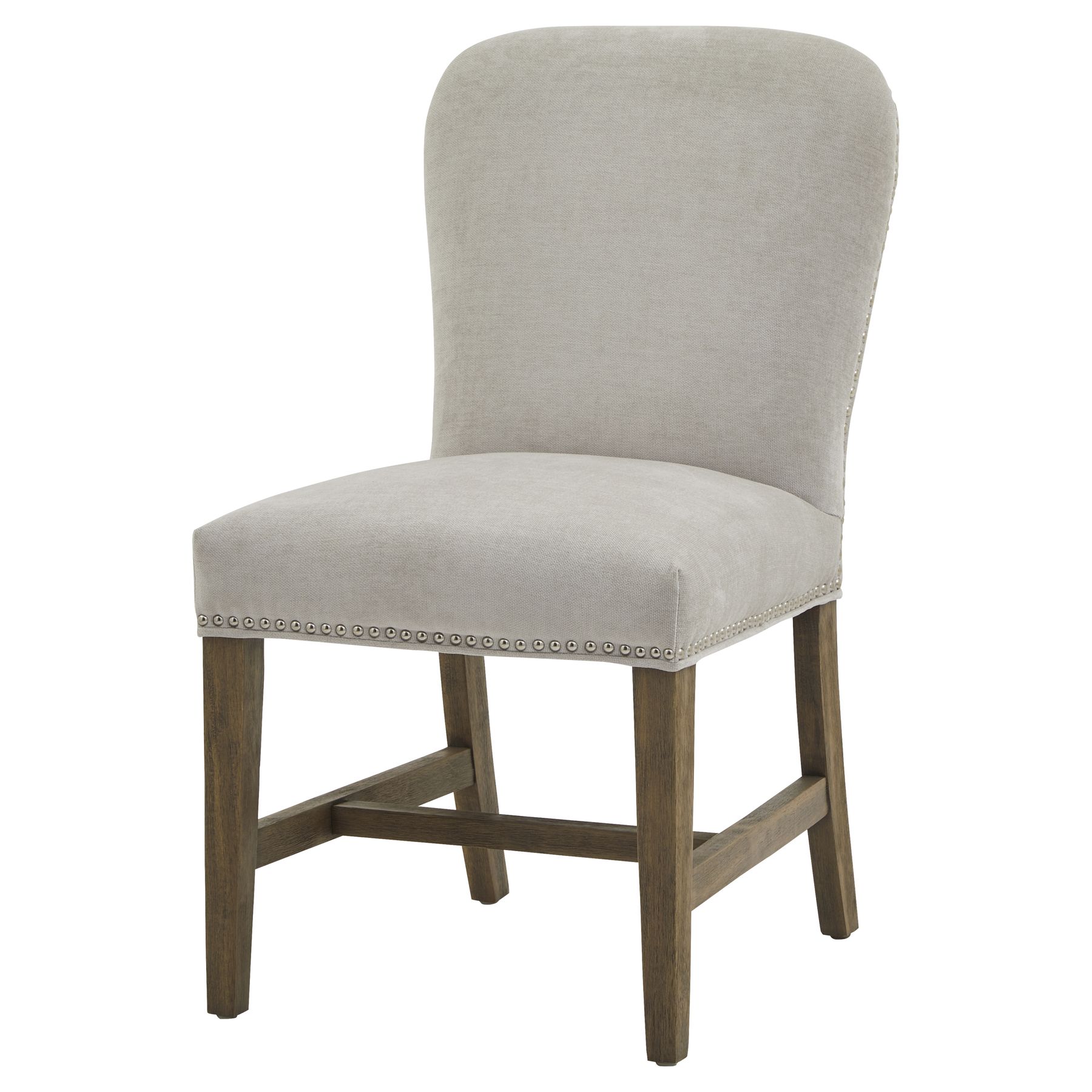 Cobham Grey Dining Chair with weathered oak frame, grey upholstery, and antique brass stud detailing.
