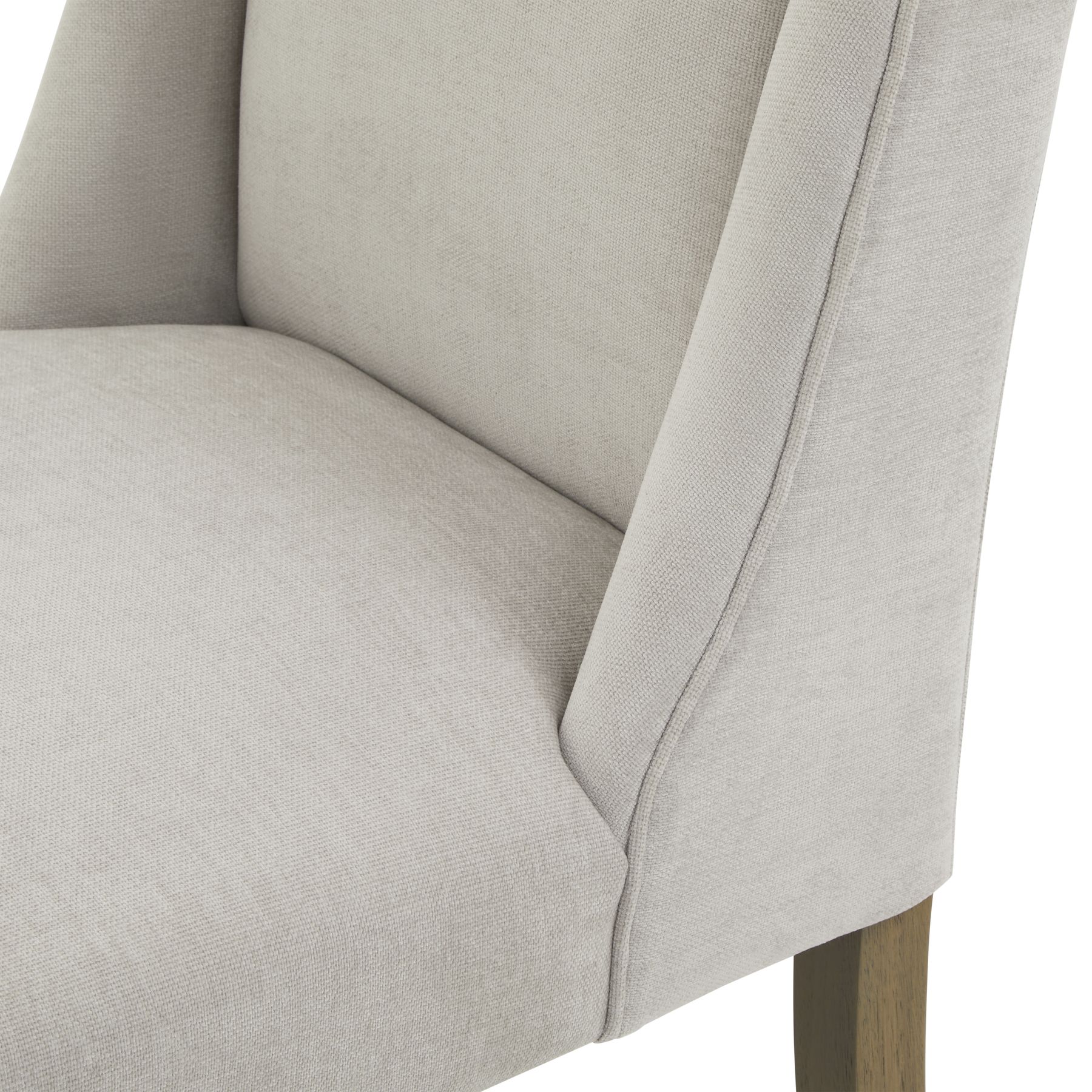 COMPTON Grey Dining Chair – Handcrafted grey twill dining chair with solid wood frame, curved backrest, and sloped armrests for exceptional comfort and style.