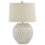 LATTICE Ceramic Table Lamp with neutral cream lattice base and natural linen shade for versatile interior décor.
