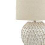 LATTICE Ceramic Table Lamp with neutral cream lattice base and natural linen shade for versatile interior décor.