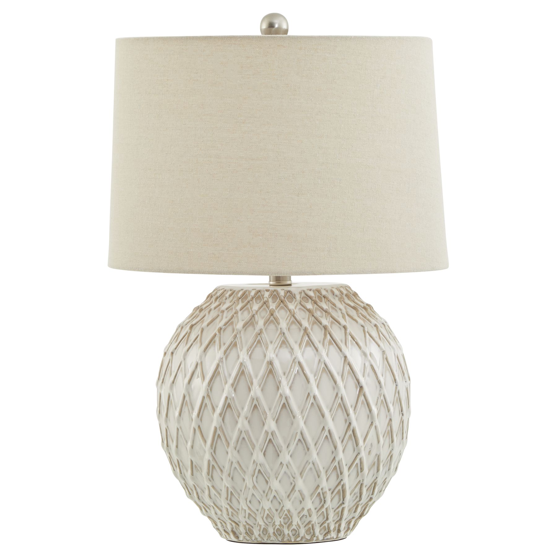 LATTICE Ceramic Table Lamp with neutral cream lattice base and natural linen shade for versatile interior décor.