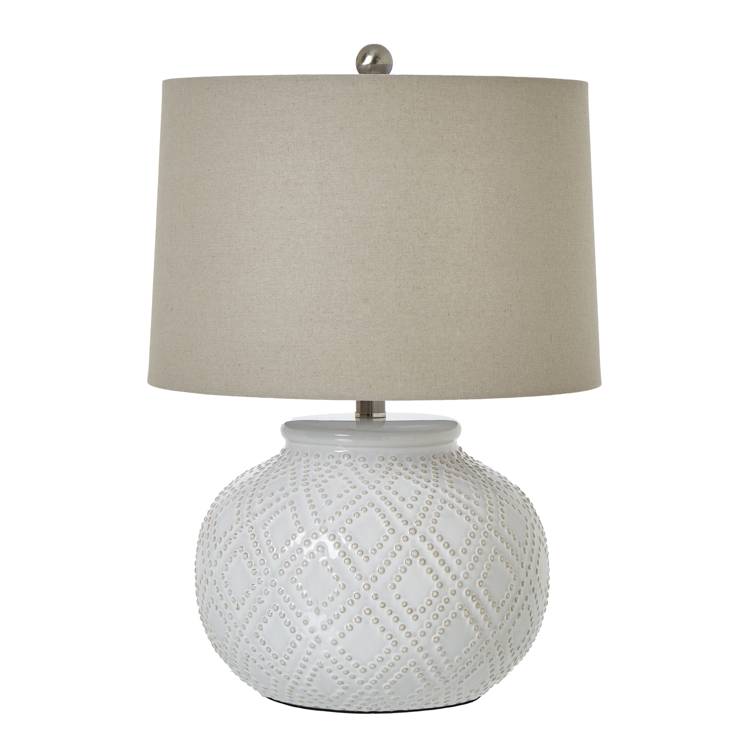 SQUAT White Beaded Ceramic Lamp with linen shade for coastal, boho, and natural-inspired interiors.