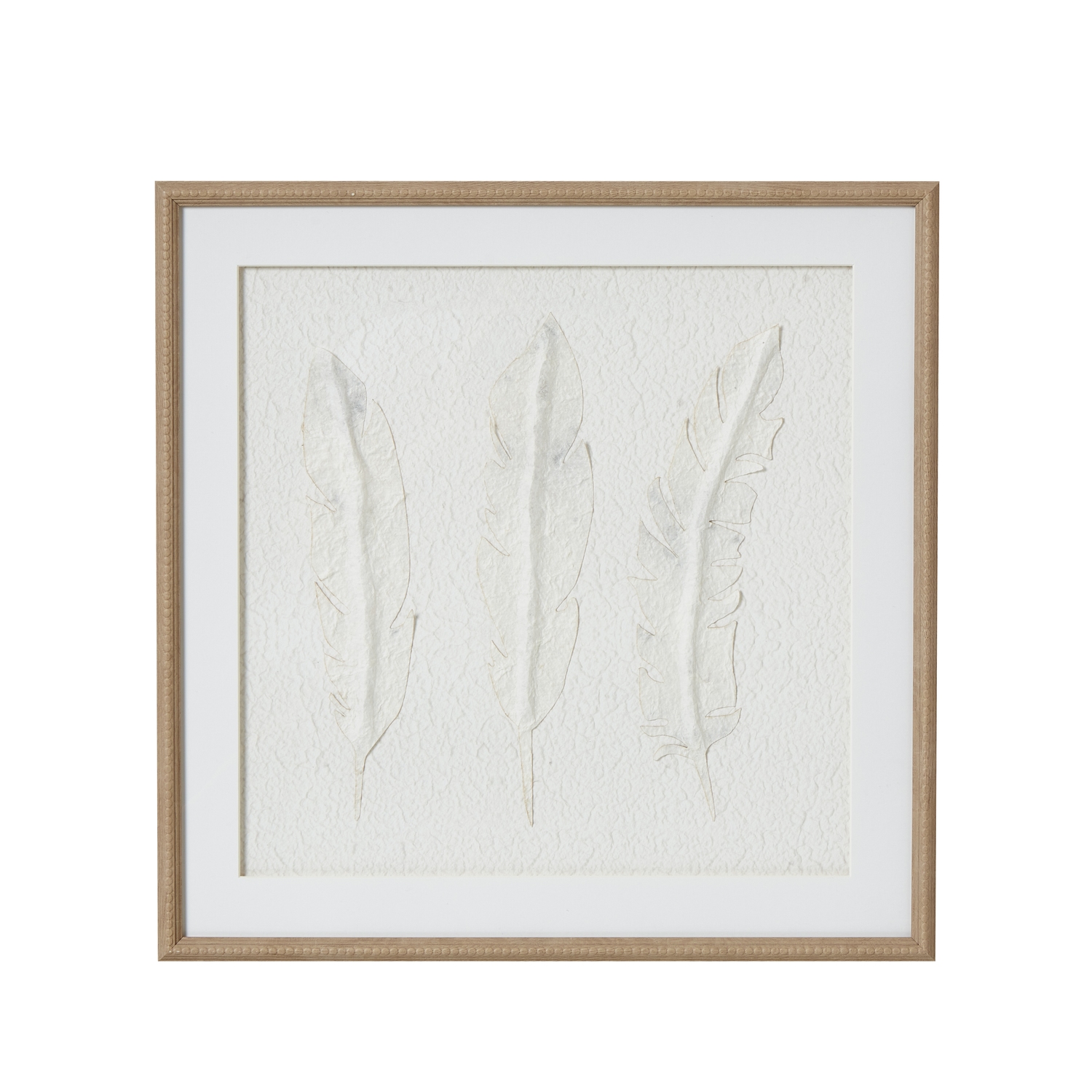 SOLLI White Feathers Art in champagne-beaded frame with raised feather impressions for contemporary and coastal interiors.