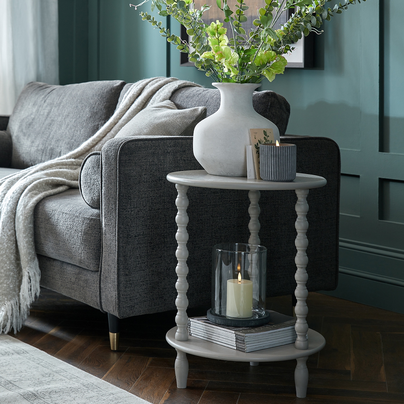 CAMDEN Round Side Table in grey wood with circular design and modern minimalist profile.