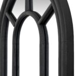 Tall black arched window-style mirror with timber frame