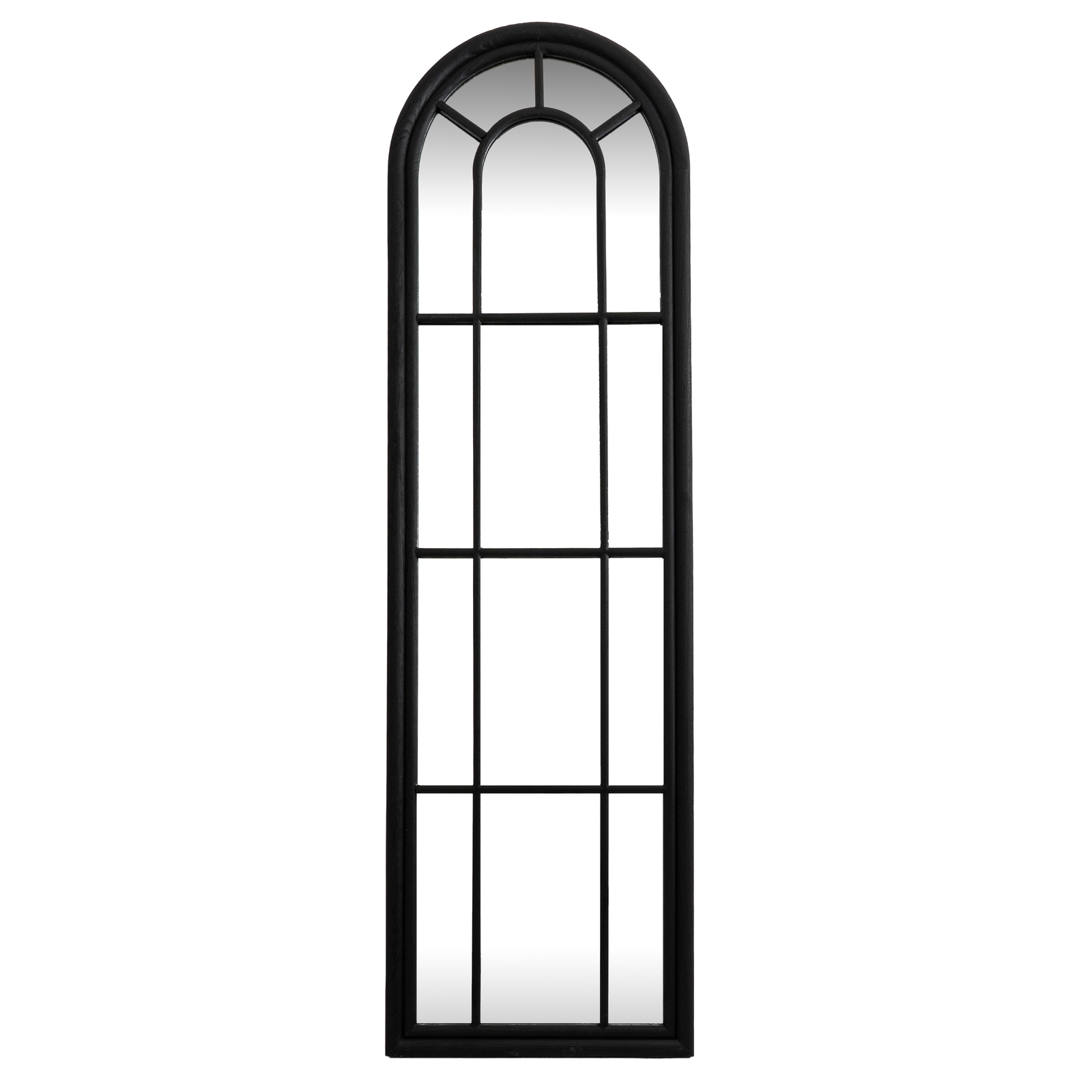 Tall black arched window-style mirror with timber frame