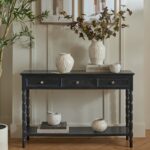 Contour Collection black wooden console table with three drawers.