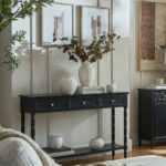 Contour Collection black wooden console table with three drawers.
