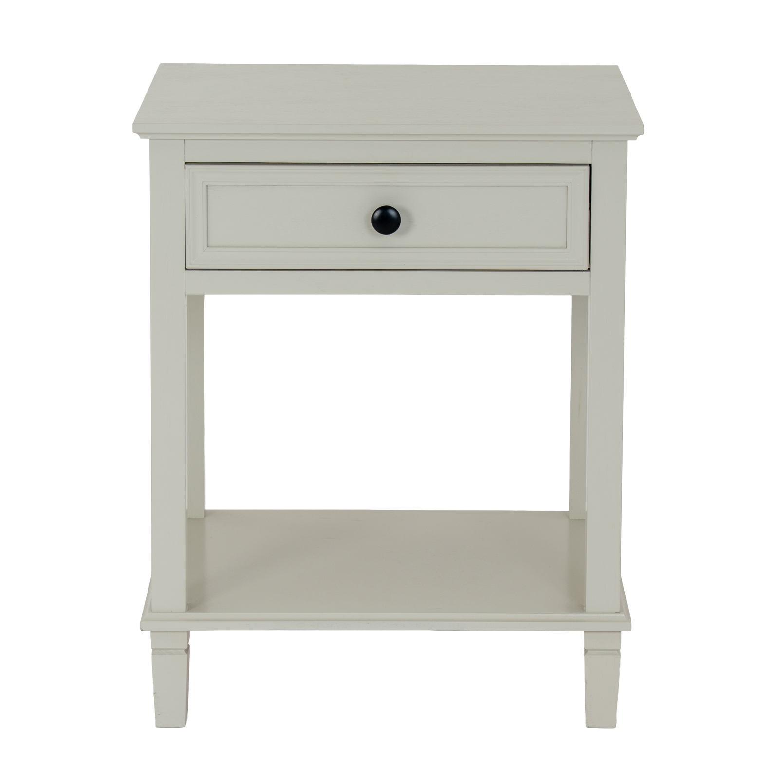 BELMONT Collection 1 Drawer Side Table in white wood with textured detailing and single storage drawer.
