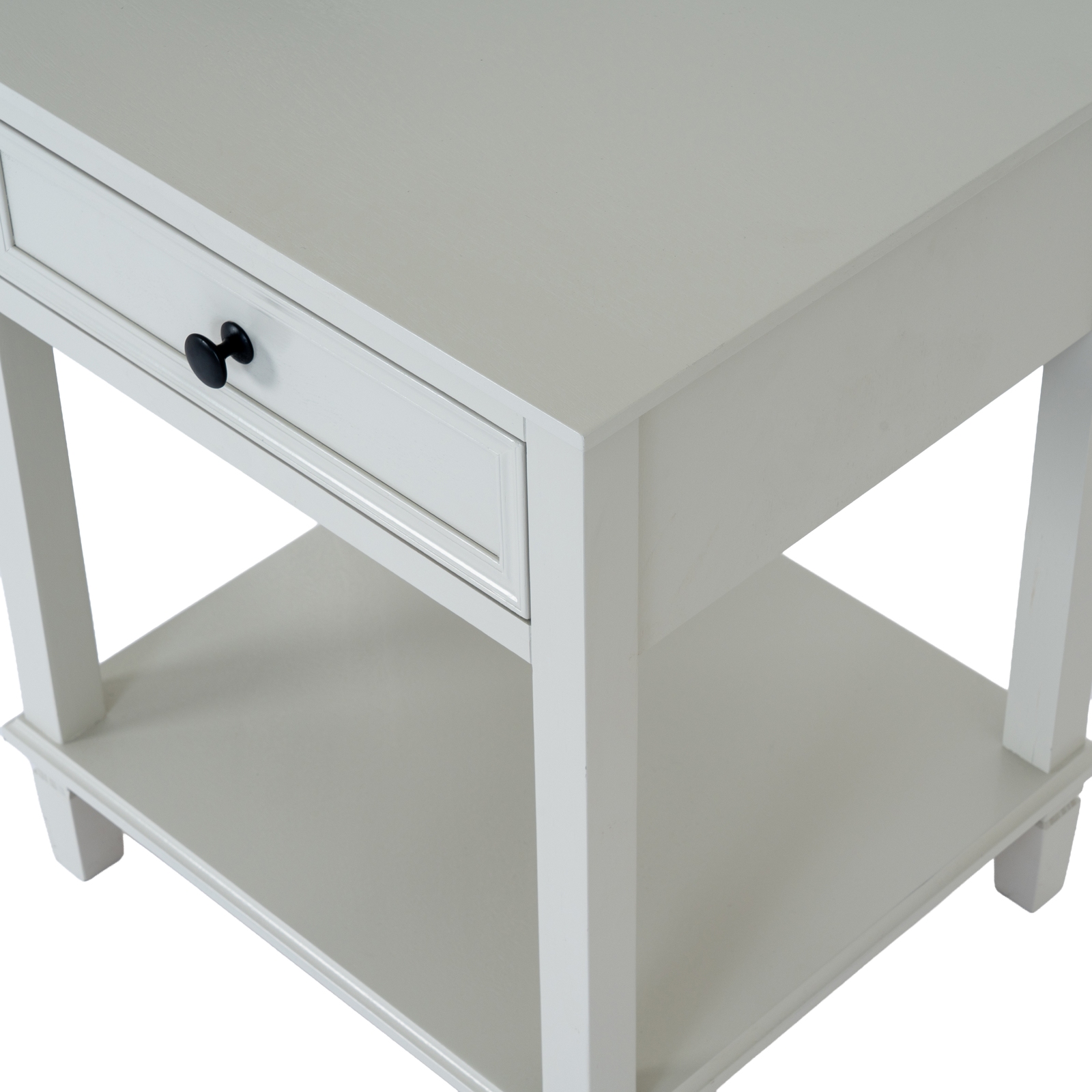 BELMONT Collection 1 Drawer Side Table in white wood with textured detailing and single storage drawer.