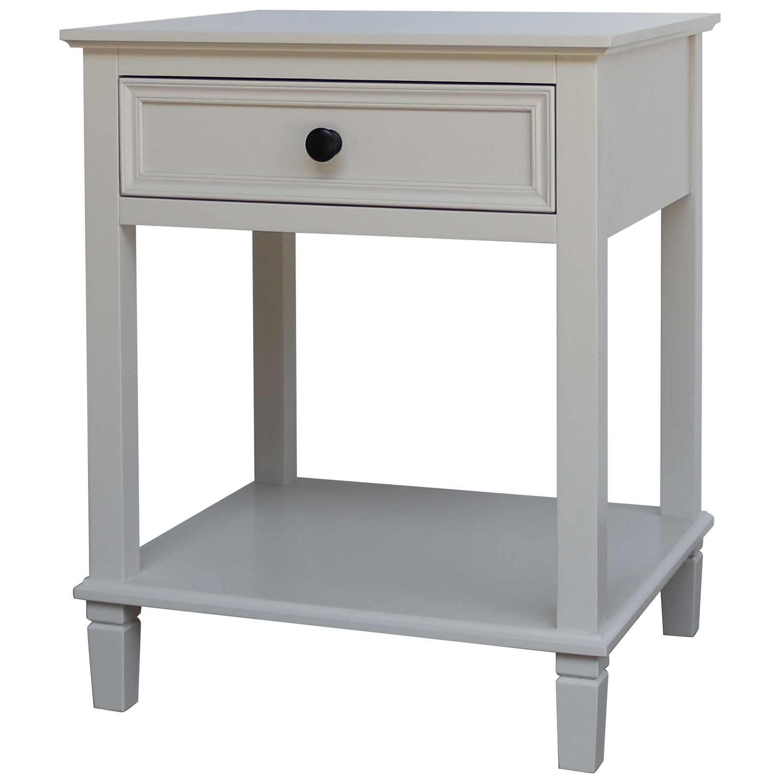 BELMONT Collection 1 Drawer Side Table in white wood with textured detailing and single storage drawer.