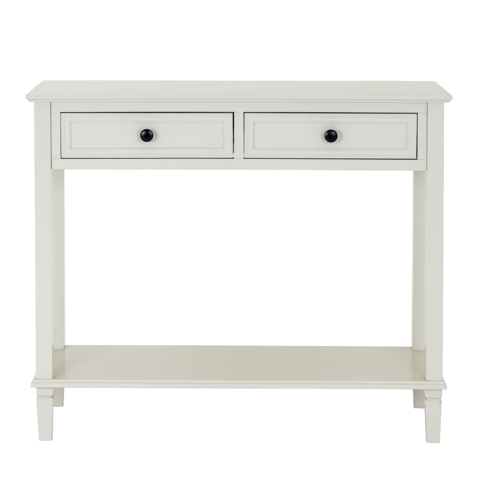 Belmont Collection 2 Drawer Console – white wood console with two drawers and textured detailing.