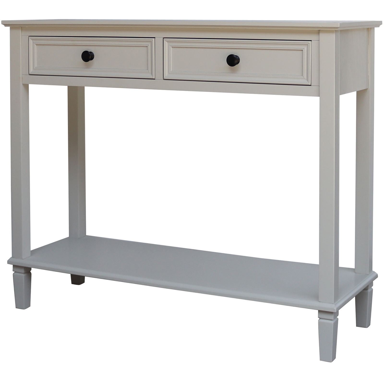 Belmont Collection 2 Drawer Console – white wood console with two drawers and textured detailing.