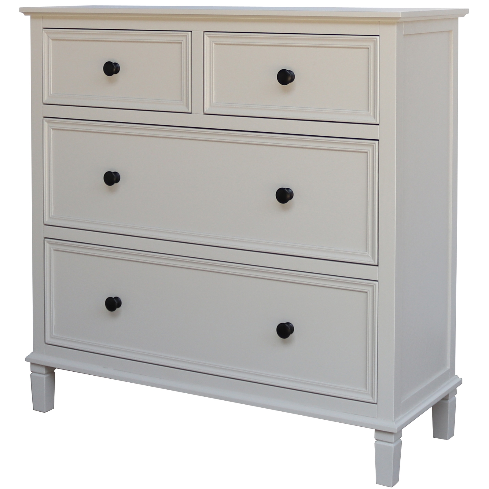 BELMONT Collection 4 Drawer Chest in white wood with balanced design and textured finish.
