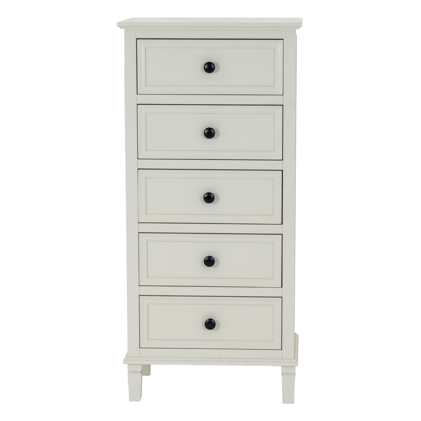 Belmont Collection 5 Drawer Tallboy in white wood with detailed grain finish and five storage drawers.