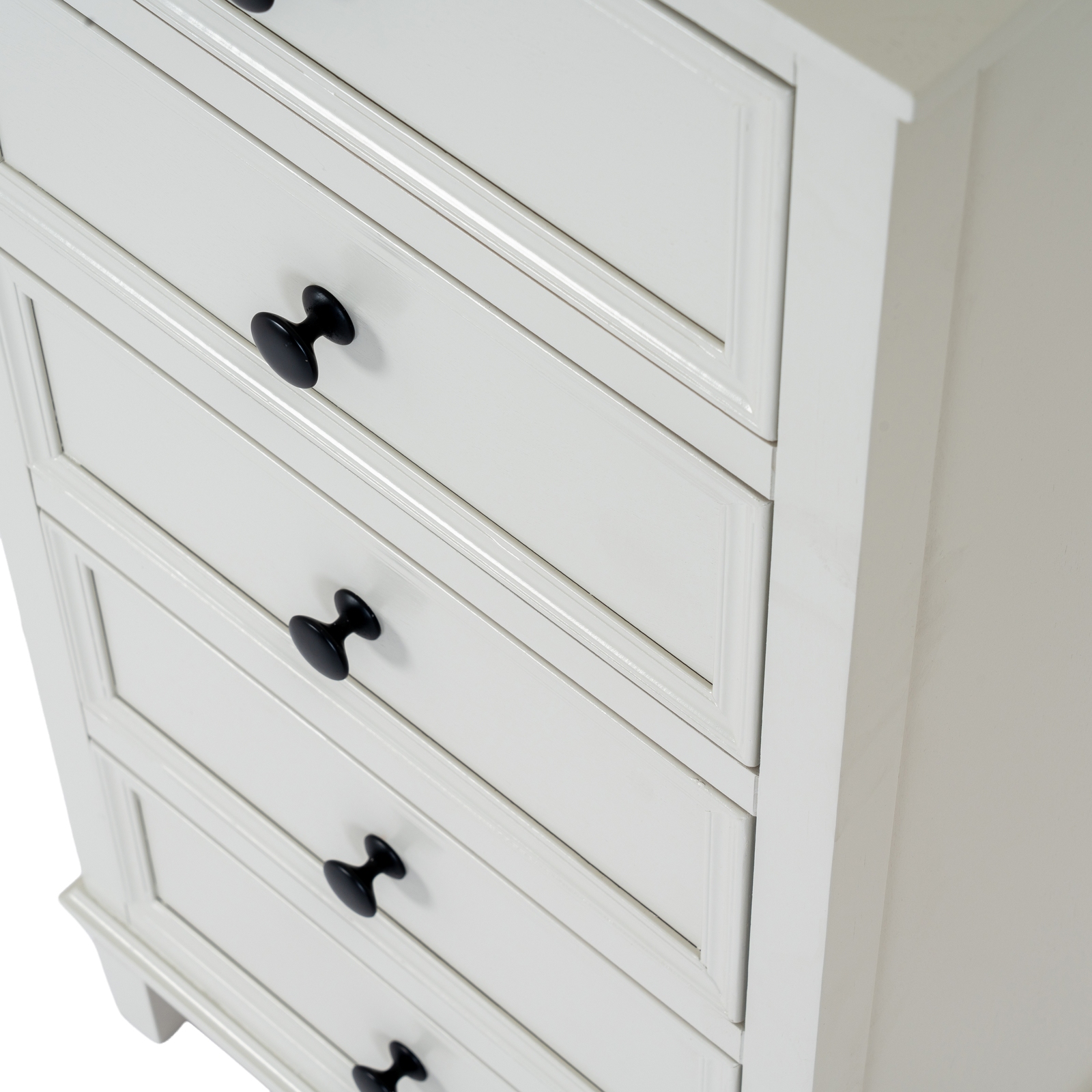 Belmont Collection 5 Drawer Tallboy in white wood with detailed grain finish and five storage drawers.