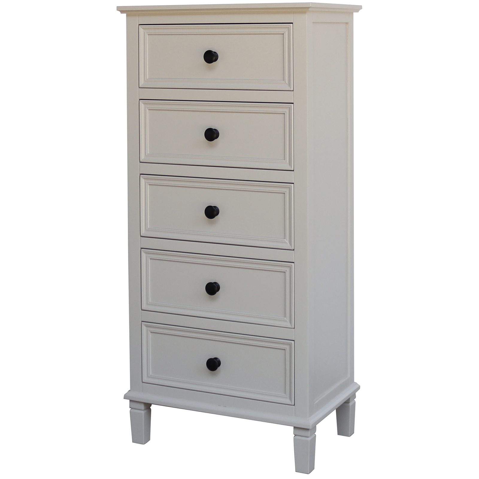 Belmont Collection 5 Drawer Tallboy in white wood with detailed grain finish and five storage drawers.