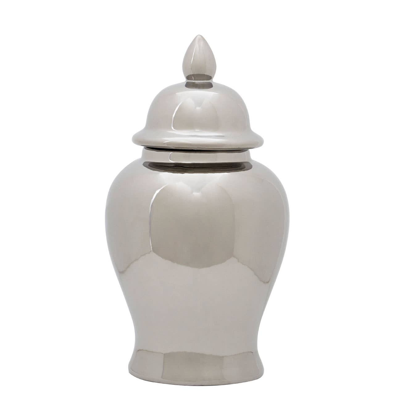 Knight Small Ginger Jar with silver reflective finish, domed lid, and classic rounded shape.