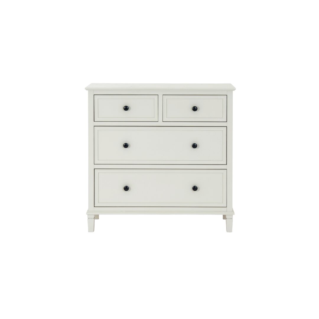 BELMONT Collection 4 Drawer Chest in white wood with balanced design and textured finish.