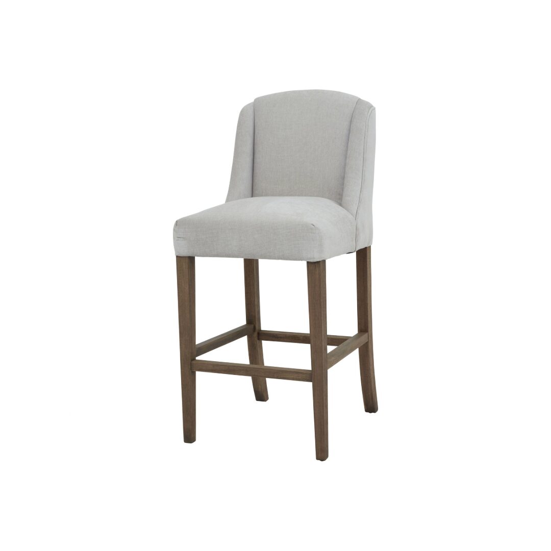 COMPTON Grey Bar Stool – Light grey upholstered bar stool with solid wood frame, offering timeless style and lasting durability for modern or traditional interiors.