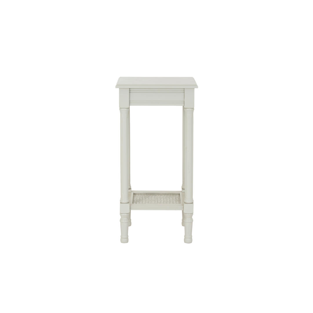 BELMONT Rattan Collection Side Table in white wood with natural woven rattan panels and sleek frame.