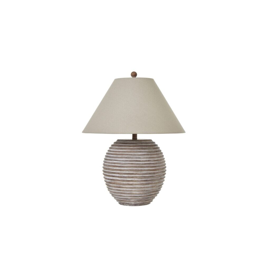 SATURN Table Lamp with sculptural ceramic base and linen lampshade