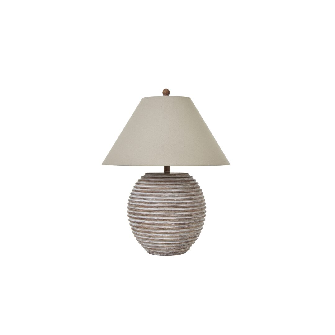 SATURN Table Lamp with sculptural ceramic base and linen lampshade