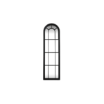 Tall black arched window-style mirror with timber frame