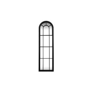 Tall black arched window-style mirror with timber frame