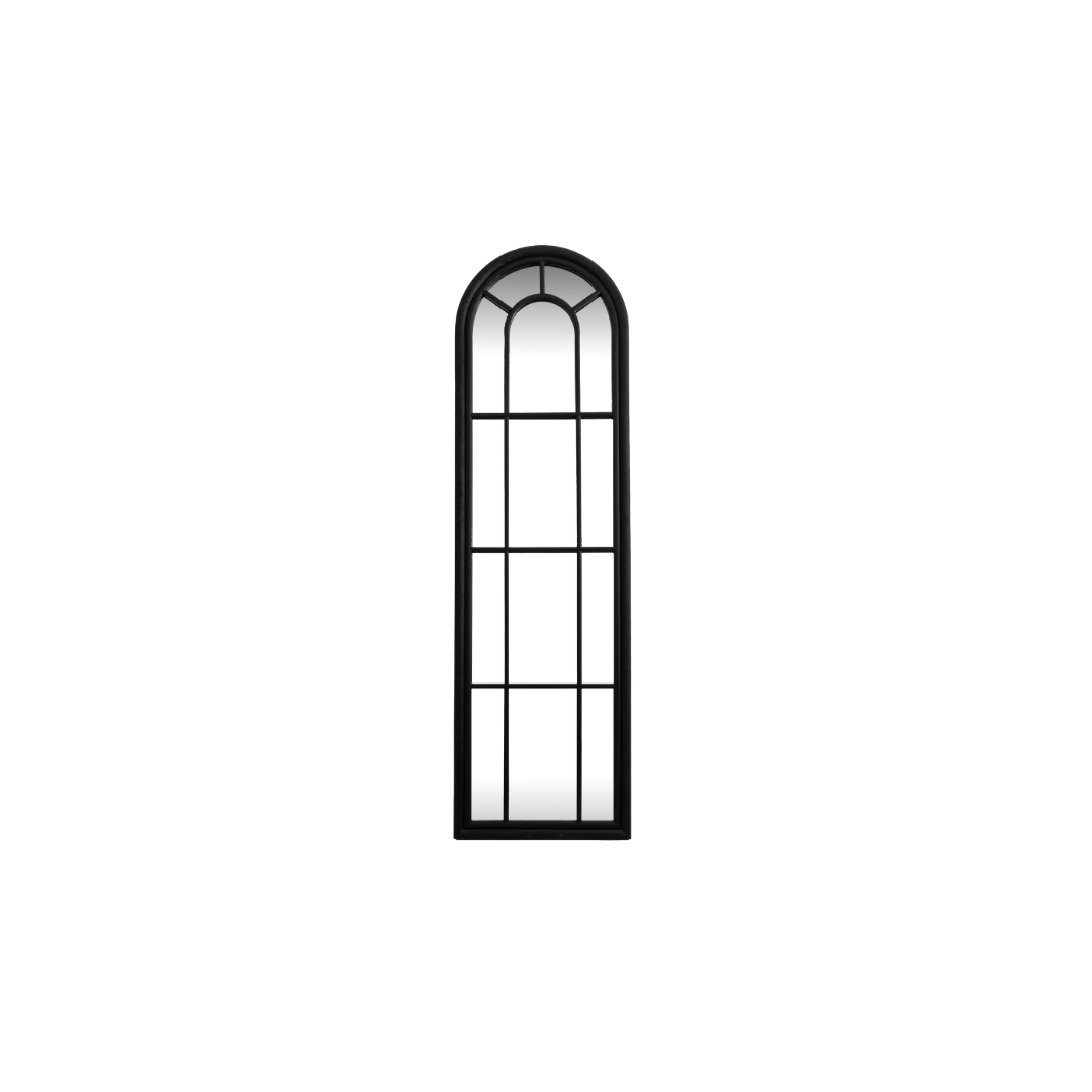 Tall black arched window-style mirror with timber frame