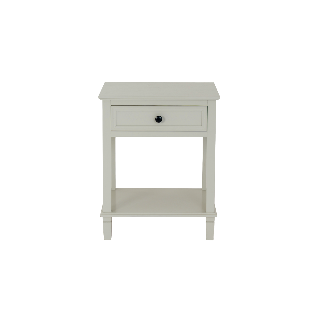 BELMONT Collection 1 Drawer Side Table in white wood with textured detailing and single storage drawer.