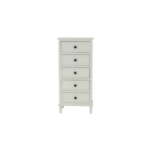 Belmont Collection 5 Drawer Tallboy in white wood with detailed grain finish and five storage drawers.