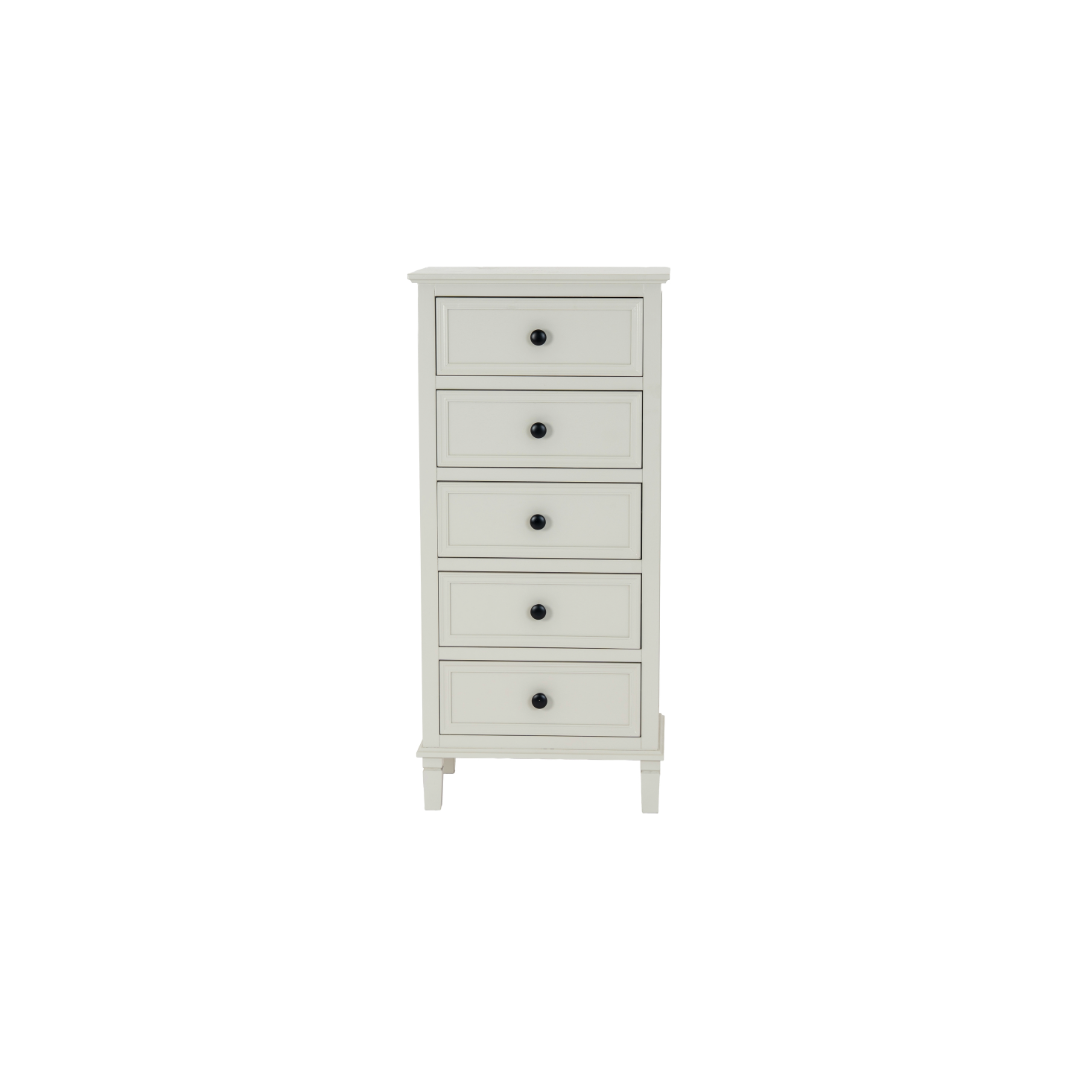 Belmont Collection 5 Drawer Tallboy in white wood with detailed grain finish and five storage drawers.
