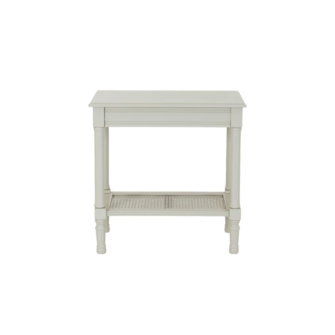 BELMONT Rattan Collection Table in white wood with organic rattan detailing and clean modern design.